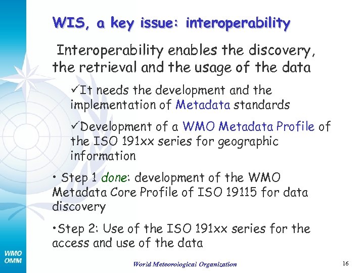 WIS, a key issue: interoperability Interoperability enables the discovery, the retrieval and the usage