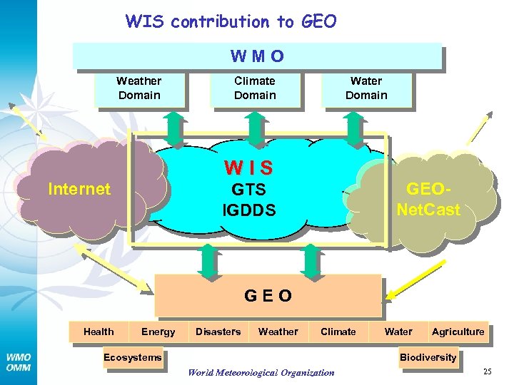 WIS contribution to GEO WMO Weather Domain Climate Domain Water Domain WIS Internet GEONet.