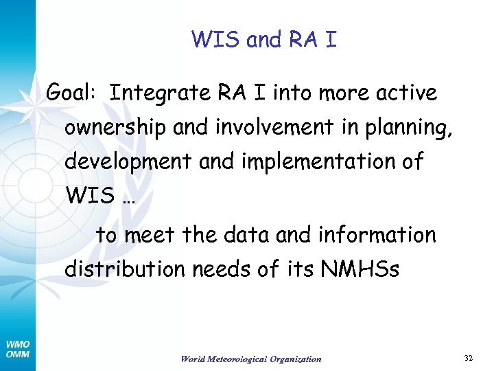 WIS and RA I Goal: Integrate RA I into more active ownership and involvement