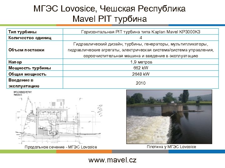 МГЭС Lovosice, Чешская Республика Mavel PIT турбина Тип турбины Количество единиц Объем поставки Напор