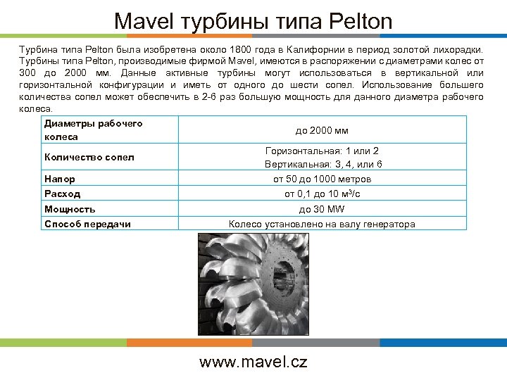 Mavel турбины типа Pelton Турбина типа Pelton была изобретена около 1800 года в Калифорнии