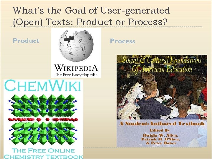 What’s the Goal of User-generated (Open) Texts: Product or Process? Product Process 