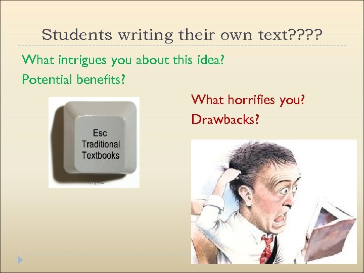 Students writing their own text? ? What intrigues you about this idea? Potential benefits?