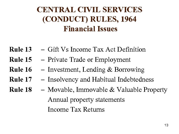 CENTRAL CIVIL SERVICES (CONDUCT) RULES, 1964 Financial Issues Rule 13 Rule 15 Rule 16