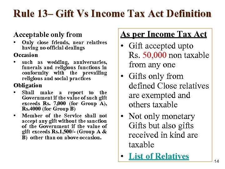 Rule 13– Gift Vs Income Tax Act Definition Acceptable only from • Only close