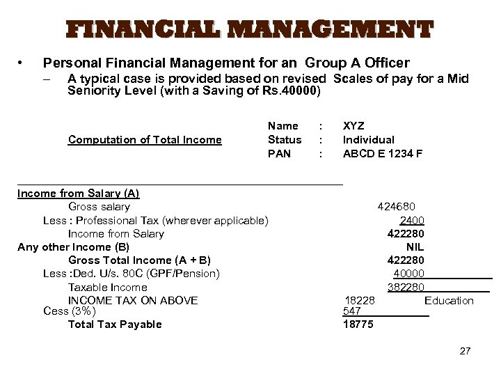 FINANCIAL MANAGEMENT • Personal Financial Management for an Group A Officer – A typical