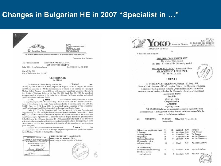 Changes in Bulgarian HE in 2007 “Specialist in …” 