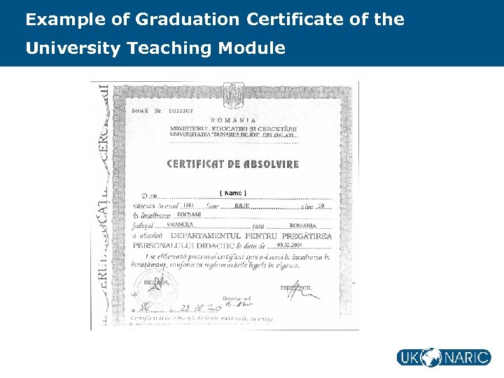 Example of Graduation Certificate of the University Teaching Module 