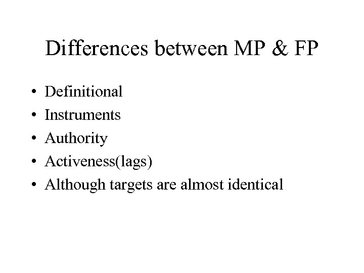 Differences between MP & FP • • • Definitional Instruments Authority Activeness(lags) Although targets