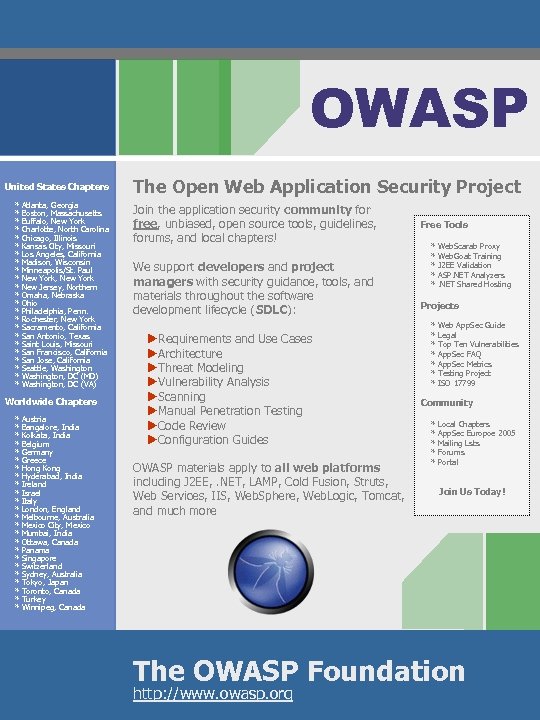OWASP United States Chapters * * * * * * Atlanta, Georgia Boston, Massachusetts
