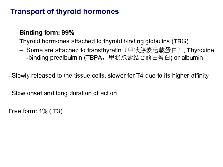 Transport of thyroid hormones Binding form: 99% Thyroid hormones attached to thyroid binding globulins