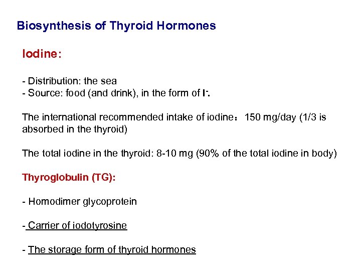 Biosynthesis of Thyroid Hormones Iodine: - Distribution: the sea - Source: food (and drink),