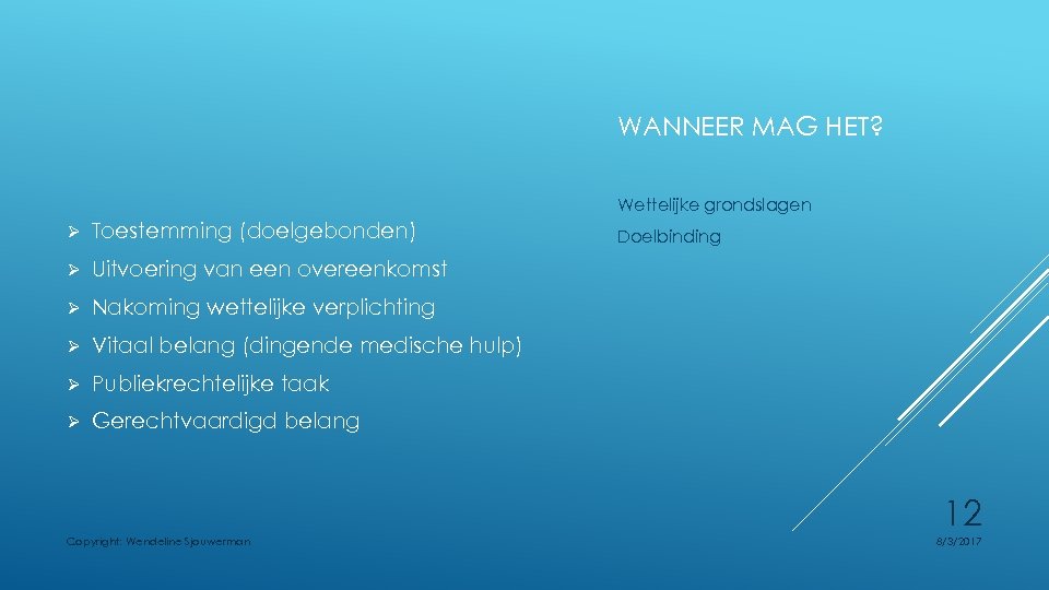 WANNEER MAG HET? Wettelijke grondslagen Ø Toestemming (doelgebonden) Ø Uitvoering van een overeenkomst Ø