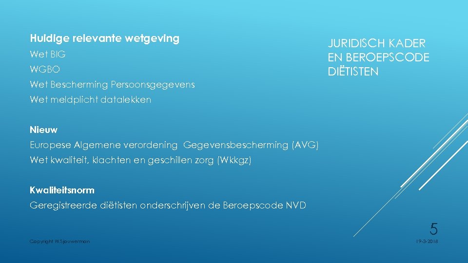 Huidige relevante wetgeving Wet BIG WGBO JURIDISCH KADER EN BEROEPSCODE DIËTISTEN Wet Bescherming Persoonsgegevens