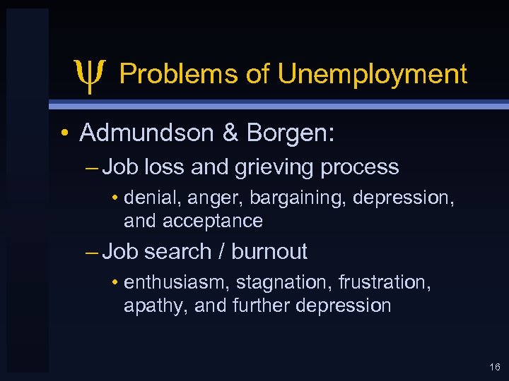  Problems of Unemployment • Admundson & Borgen: – Job loss and grieving process