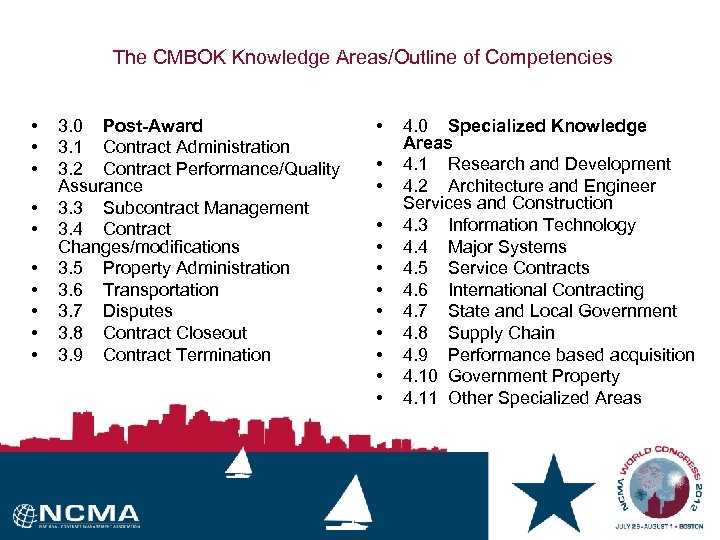 The CMBOK Knowledge Areas/Outline of Competencies • • • 3. 0 Post-Award 3. 1