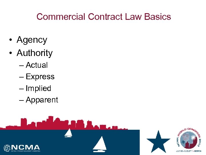 Commercial Contract Law Basics • Agency • Authority – Actual – Express – Implied