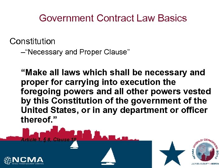 Government Contract Law Basics Constitution –“Necessary and Proper Clause” “Make all laws which shall