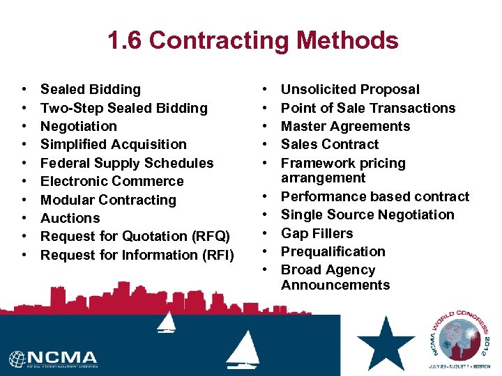 1. 6 Contracting Methods • • • Sealed Bidding Two-Step Sealed Bidding Negotiation Simplified