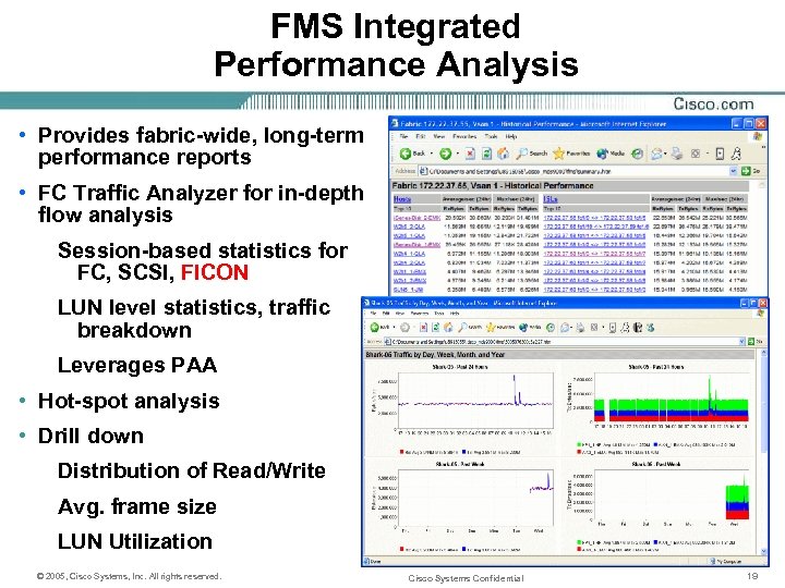 FMS Integrated Performance Analysis • Provides fabric-wide, long-term performance reports • FC Traffic Analyzer