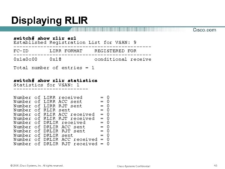 Displaying RLIR switch# show rlir erl Established Registration List for VSAN: 9 -----------------------FC-ID LIRR