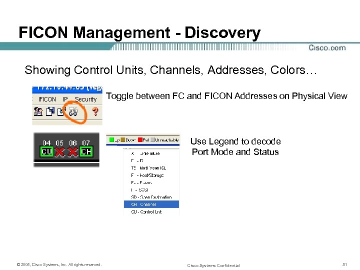 FICON Management - Discovery Showing Control Units, Channels, Addresses, Colors… Toggle between FC and