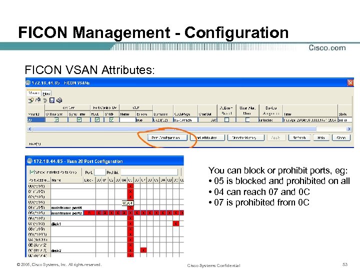 FICON Management - Configuration FICON VSAN Attributes: You can block or prohibit ports, eg: