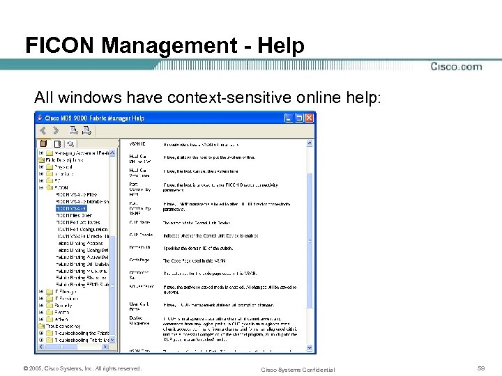 FICON Management - Help All windows have context-sensitive online help: © 2005, Cisco Systems,
