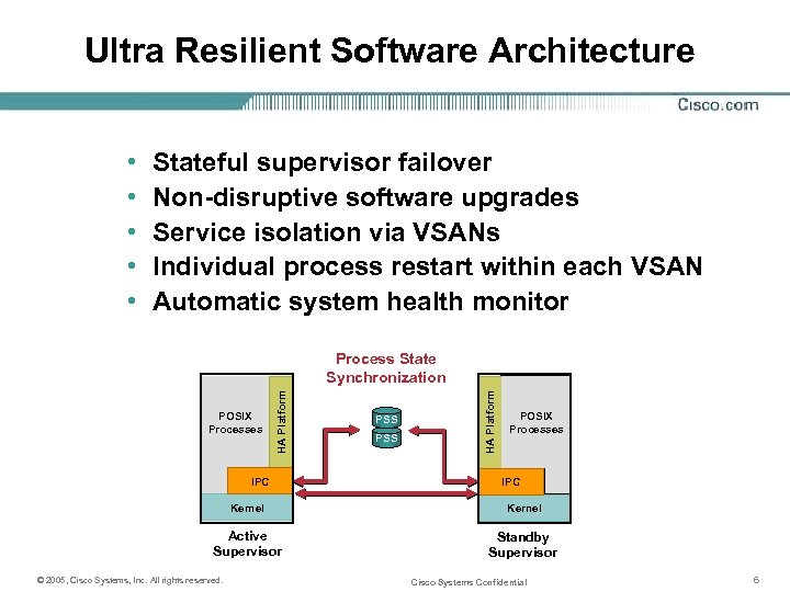 Ultra Resilient Software Architecture • • • Stateful supervisor failover Non-disruptive software upgrades Service