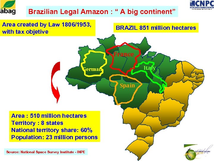 Brazilian Legal Amazon : “ A big continent” Area created by Law 1806/1953, with