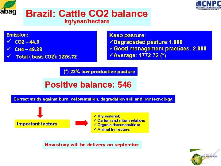 Brazil: Cattle CO 2 balance kg/year/hectare Emission: ü CO 2 – 44. 0 ü