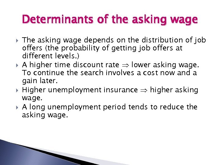 Determinants of the asking wage The asking wage depends on the distribution of job