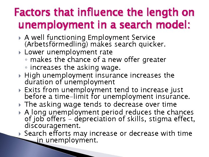 Factors that influence the length on unemployment in a search model: A well functioning
