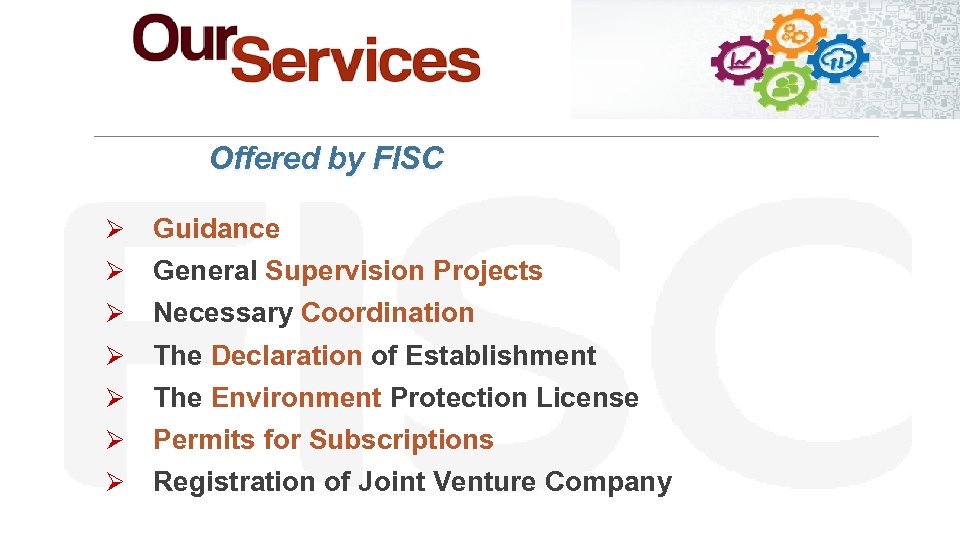 Offered by FISC Ø Guidance Ø General Supervision Projects Ø Necessary Coordination Ø The