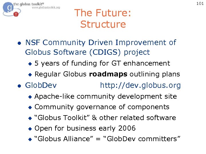 101 The Future: Structure l NSF Community Driven Improvement of Globus Software (CDIGS) project