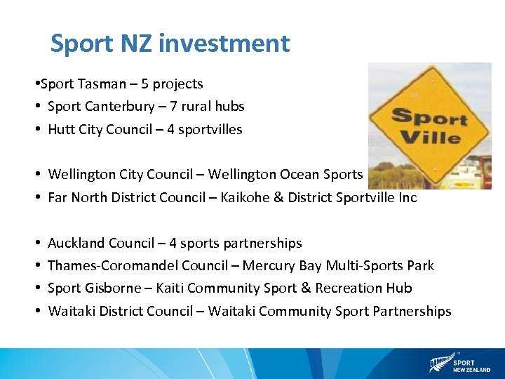 Sport NZ investment • Sport Tasman – 5 projects • Sport Canterbury – 7
