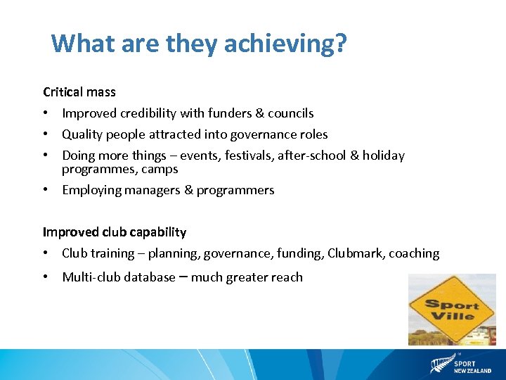 What are they achieving? Critical mass • Improved credibility with funders & councils •