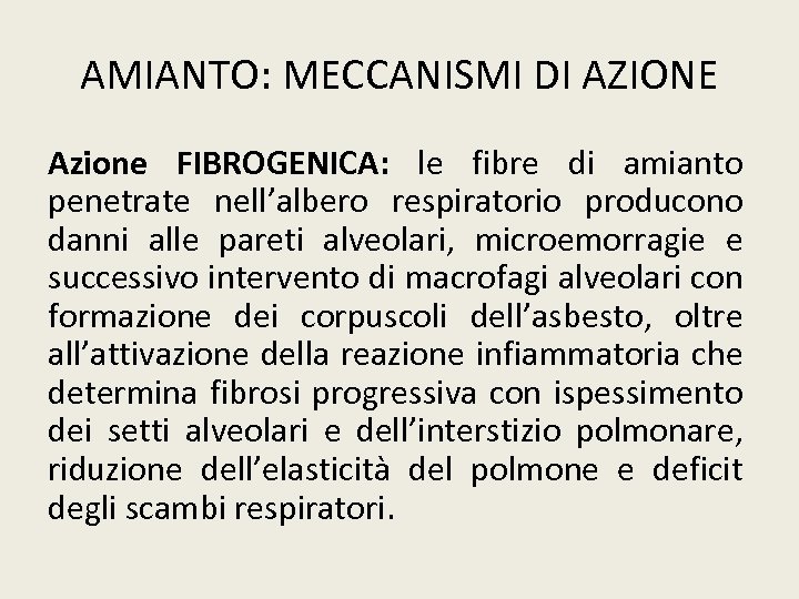 AMIANTO: MECCANISMI DI AZIONE Azione FIBROGENICA: le fibre di amianto penetrate nell’albero respiratorio producono