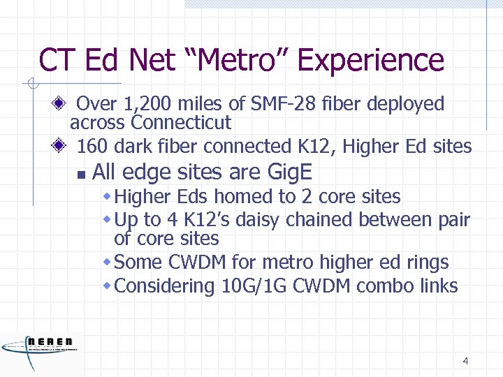 CT Ed Net “Metro” Experience Over 1, 200 miles of SMF-28 fiber deployed across