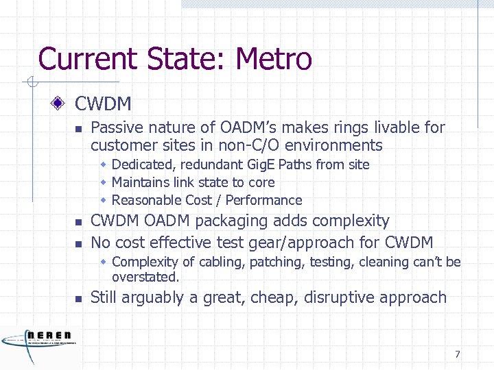 Current State: Metro CWDM n Passive nature of OADM’s makes rings livable for customer