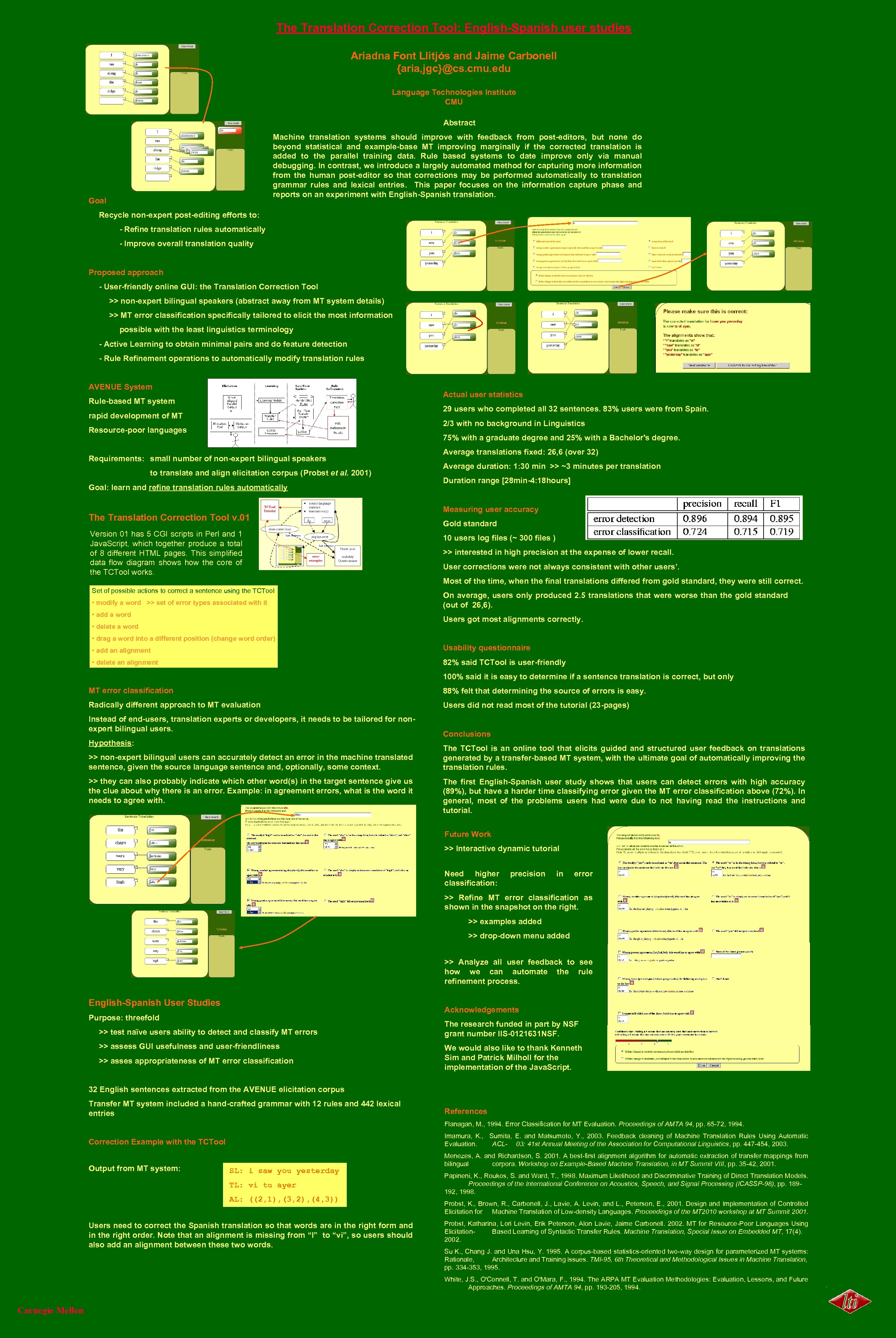 The Translation Correction Tool: English-Spanish user studies Ariadna Font Llitjós and Jaime Carbonell {aria,