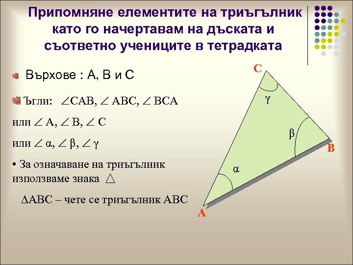 Припомняне елементите на триъгълник като го начертавам на дъската и съответно учениците в тетрадката