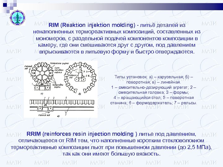 RIM (Reaktion injektion molding) - литьё деталей из ненаполненных термореактивных композиций, составленных из мономеров,