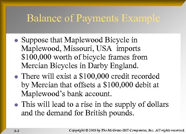 Balance of Payments Example l l l 3 -3 Suppose that Maplewood Bicycle in
