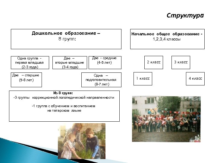 Структура Дошкольное образование – 8 групп: Одна группа - первая младшая (2 -3 года)