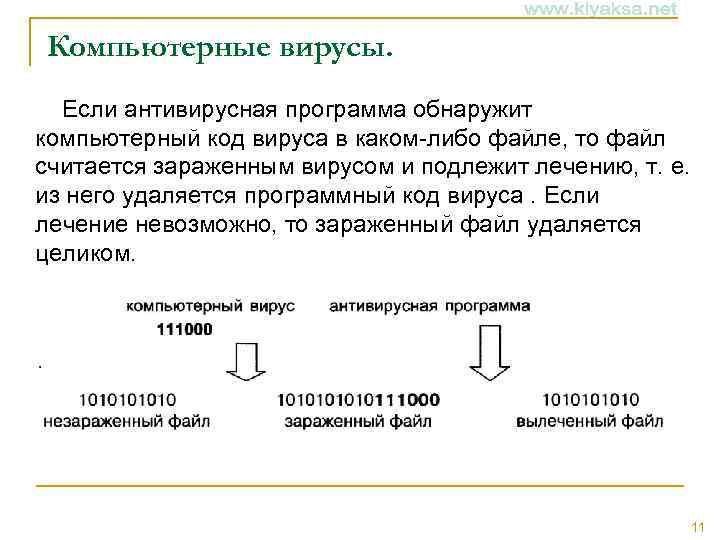 Компьютерные вирусы. Если антивирусная программа обнаружит компьютерный код вируса в каком либо файле, то