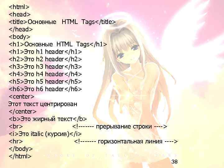 <html> <head> <title>Основные HTML Tags</title> </head> <body> <h 1>Основные HTML Tags</h 1> <h 1>Это