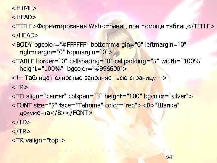 <HTML> <HEAD> <TITLE>Форматирование Web-страниц при помощи таблиц</TITLE> </HEAD> <BODY bgcolor="#FFFFFF" bottommargin="0" leftmargin="0" rightmargin="0" topmargin="0">