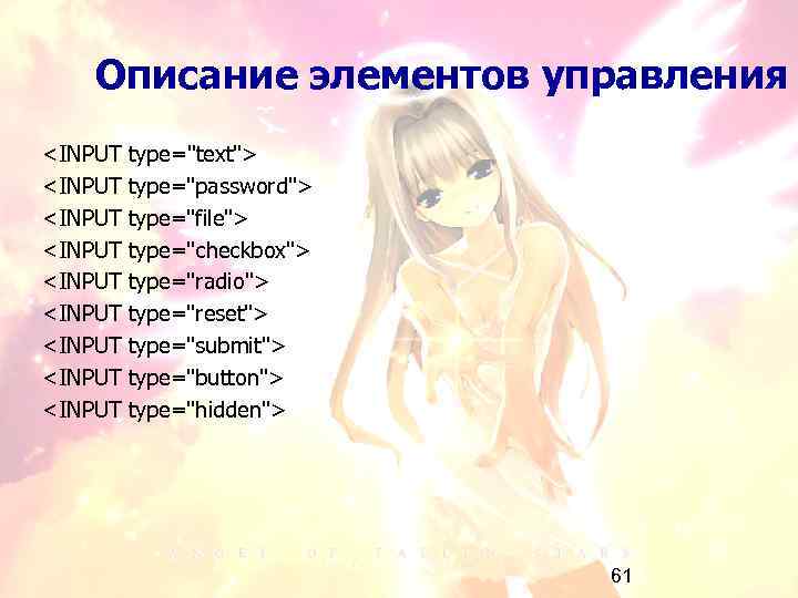 Описание элементов управления <INPUT <INPUT <INPUT type="text"> type="password"> type="file"> type="checkbox"> type="radio"> type="reset"> type="submit"> type="button">