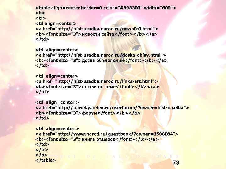 <table align=center border=0 color="#993300" width="600"> <b> <tr> <td align=center> <a href="http: //hist-usadba. narod. ru/news